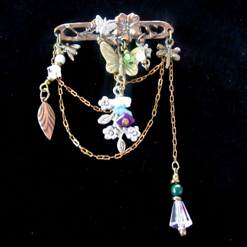 Vintage coppery metal chatelaine style brooch chains, butterflies & beads